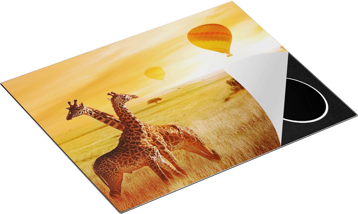 Chefcare Inductie Beschermer Twee Giraffen met Twee Oranje Luchtballonnen - 65x50 cm - Afdekplaat Inductie - Kookplaat Beschermer - Inductie Mat
