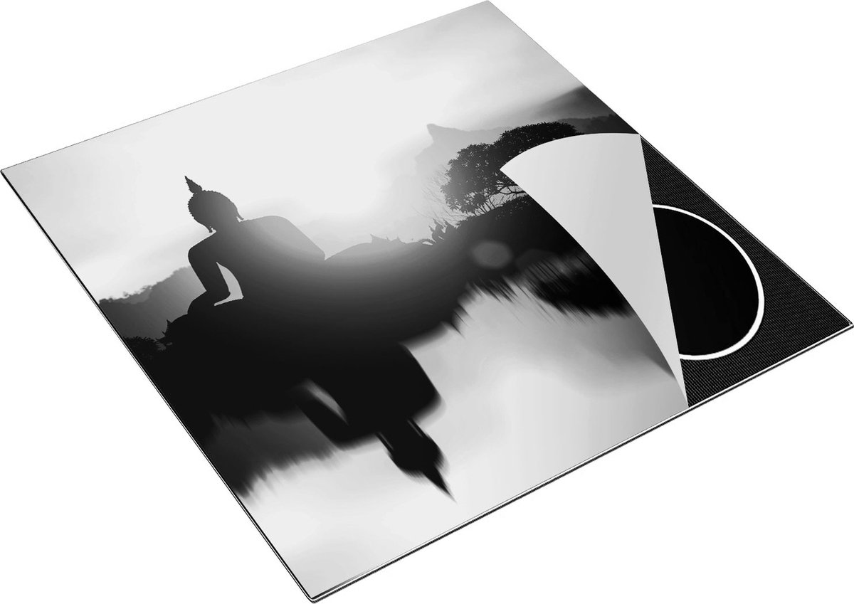 Chefcare Inductie Beschermer Silhouet van Boeddha Beeld met Zonsondergang - Zwart Wit - 78x78 cm - Afdekplaat Inductie - Kookplaat Beschermer - Inductie Mat