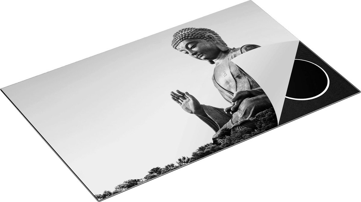 Chefcare Inductie Beschermer Groot Boeddha Beeld in het Bos - Zwart Wit - 85x52 cm - Afdekplaat Inductie - Kookplaat Beschermer - Inductie Mat