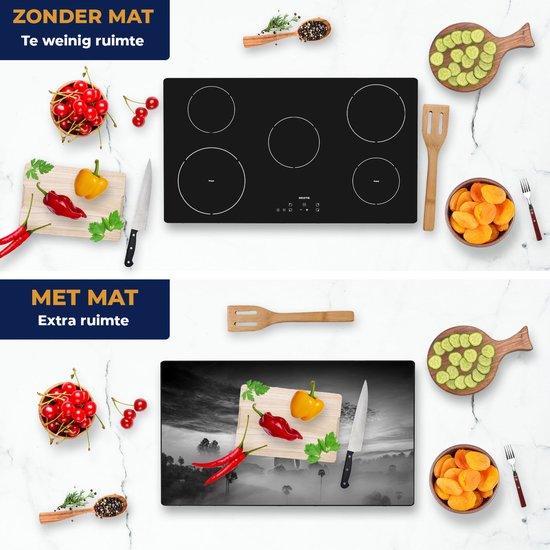 Chefcare Inductie Beschermer Boeddha Beeld in de Mist - Zwart Wit - 91,2x52 cm - Afdekplaat Inductie - Kookplaat Beschermer - Inductie Mat