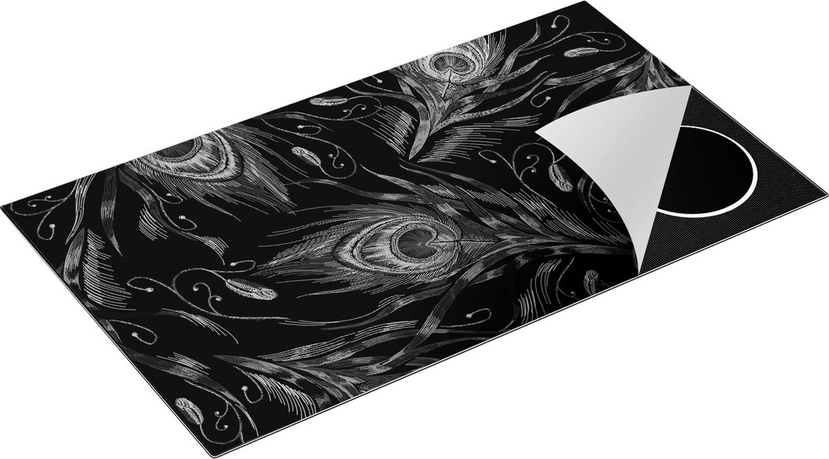 Chefcare Inductie Beschermer Getekende Pauw Veren Achtergrond - Zwart Wit - 90x55 cm - Afdekplaat Inductie - Kookplaat Beschermer - Inductie Mat