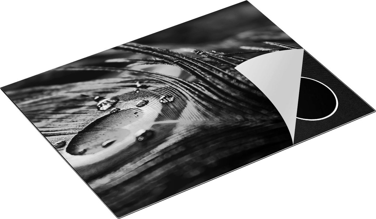 Chefcare Inductie Beschermer Kleurrijke Pauw Veer met Waterdruppels - Zwart Wit - 70x52 cm - Afdekplaat Inductie - Kookplaat Beschermer - Inductie Mat