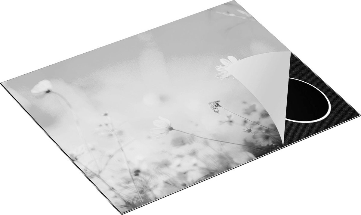 Chefcare Inductie Beschermer Paarse Kosmos Bloemen - Zwart Wit - 65x50 cm - Afdekplaat Inductie - Kookplaat Beschermer - Inductie Mat