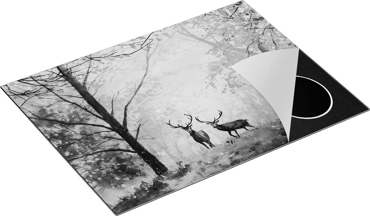 Chefcare Inductie Beschermer Getekende Herten in het Bos - Herfst - Zwart Wit - 70x50 cm - Afdekplaat Inductie - Kookplaat Beschermer - Inductie Mat
