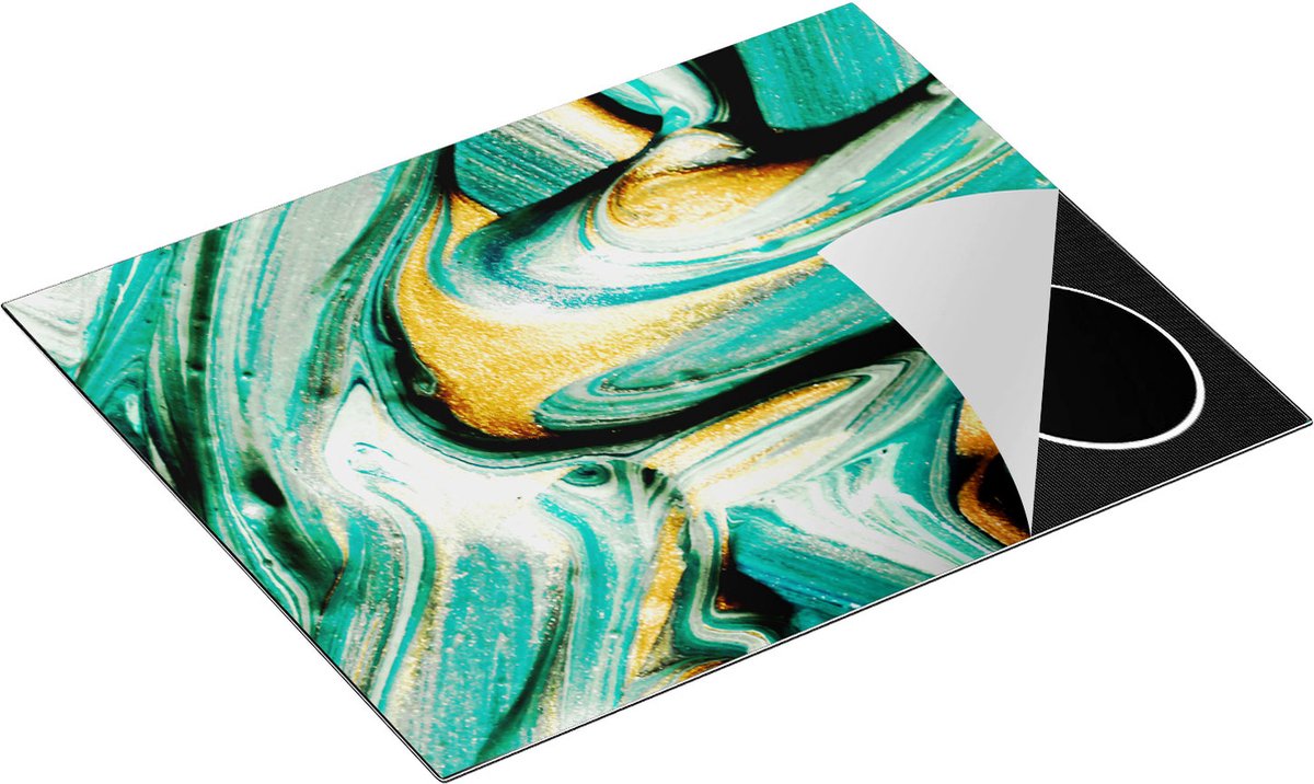 Chefcare Inductie Beschermer Abstracte Kunst - Groen met Gouden Verf - 65x55 cm - Afdekplaat Inductie - Kookplaat Beschermer - Inductie Mat