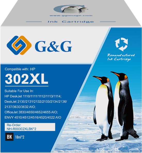 G&G 302XL Cartouches d'encre Compatibles avec HP 302 XL Haute Capacité /  Lot de 2 Zwart