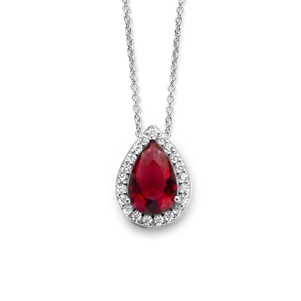 Velini jewels -P2235RU-925 Zilver Ketting + Hanger-Gerodineerd-Ruby glazen steen met witte Cubic Zirkonia-40+5cm verlengstuk