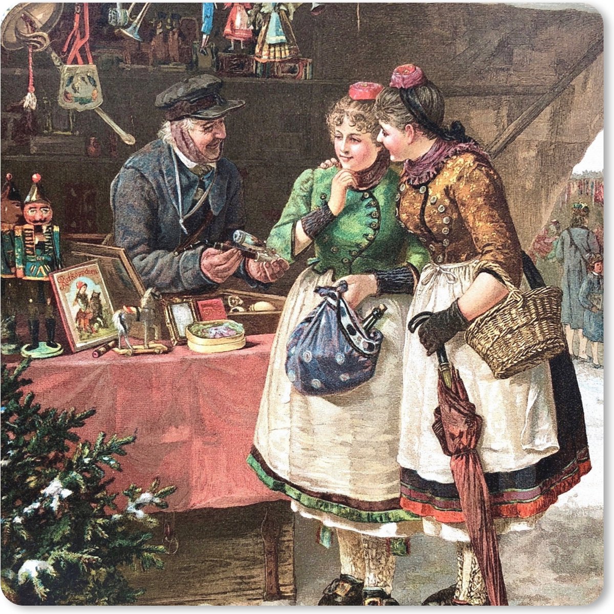 Muismat XXL 80x80 cm - Bureau onderlegger - Bureau mat Kerst - Portret Kerstmarkt - Vintage - Bureaumat - Gaming mousepad xl - Bureaulegger groot - Computer deskmat