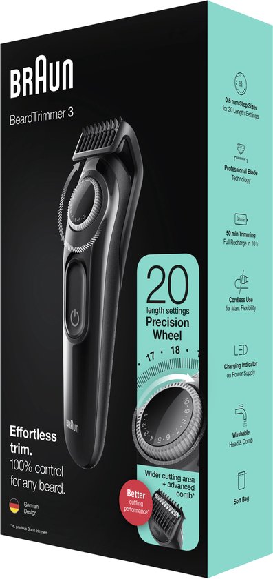 Braun Baardtrimmer 3 BT3324, Baardtrimmer Voor Mannen, Haartrimmer, Voor Gezicht, Haar
