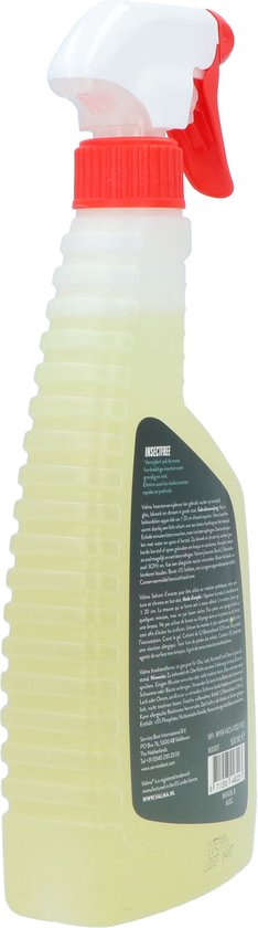 Achterkant van een spuitfles Valma Insectfree reiniger. Toont gebruiksaanwijzing en productinformatie.