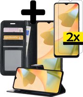 Hoesje Geschikt voor OPPO A16s Hoesje Book Case Hoes Wallet Cover Met 2x Screenprotector - Hoes Geschikt voor OPPO A16s Hoesje Bookcase Hoes - Zwart