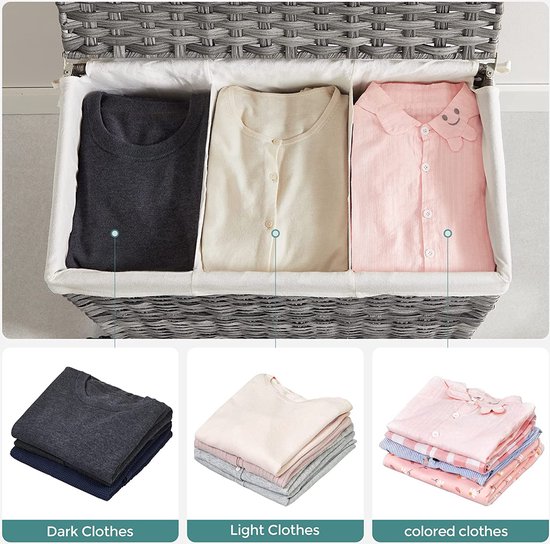 LIVINGSIGNS 140L panier à linge tissé à la main, sac à linge avec couvercle, avec 3 compartiments, pliable, avec roues, en polyrotin, poignées, sac à linge en coton lavable en machine, couleurs naturelles LCB363G01