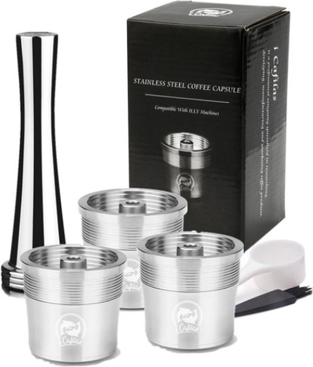 Hervulbare Illy koffiecup - Illy Capsule - RVS - 3 cups + stamper - illy hervulbare koffie capsule