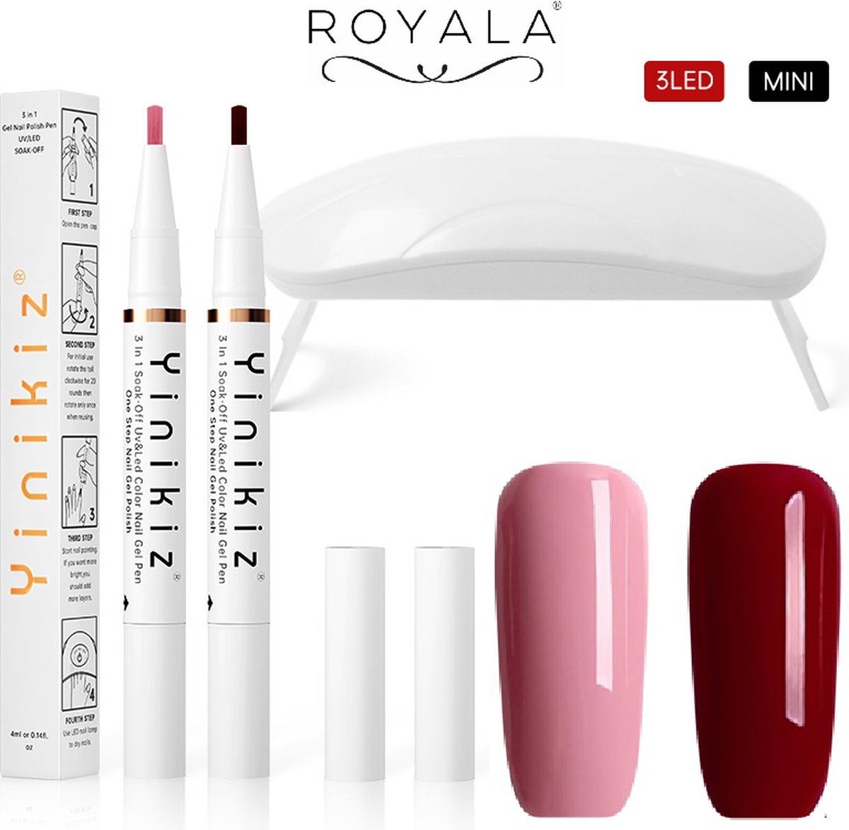 Royala 02. Gellak One Step Gel Polish Pen - 2 kleuren /Pennen - incl. mini UV lamp - GEEN Base of Top coat nodig - gel nagellak kit - nepnagels - gel nagellak