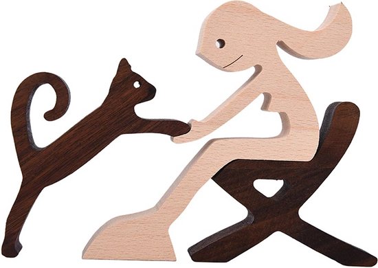 Houten beeldje - Natuurlijk hout - Beeld - Decoratief - Hout - Vrouw - Kat - Stoel - B12