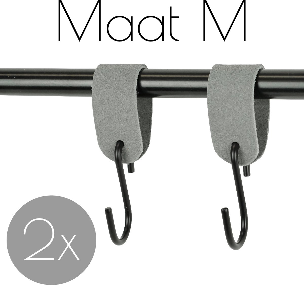 2x Leren S-haak hangers - Handles and more® | SUEDE GREY - maat M (Leren S-haken - S haken - handdoekkaakje - kapstokhaak - ophanghaken)
