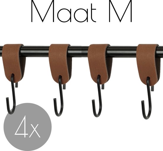 4x Leren S-haak hangers - Handles and more®  | LICHTBRUIN - maat M (Leren S-haken - S haken - handdoekkaakje - kapstokhaak - ophanghaken)