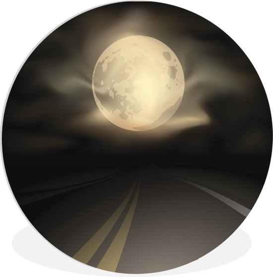 WallCircle - Wandcirkel ⌀ 30 - Een illustratie van een snelweg in de nacht onder de maan - Ronde schilderijen woonkamer - Wandbord rond - Muurdecoratie cirkel - Kamer decoratie binnen - Wanddecoratie muurcirkel - Woonaccessoires