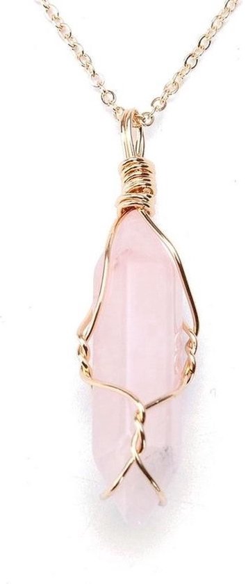 Kasey - Quartz rose enroulé de cristal sur chaîne en or - Pendentif quartz rose