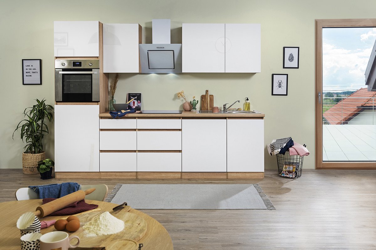 Respekta® Keukenblok 280 cm complete keuken met apparatuur soft close Wit mat Greeploze keuken Lorena keramische kookplaat vaatwasser afzuigkap oven spoelbak
