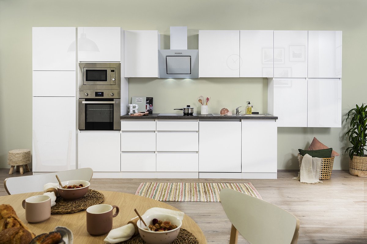 Respekta® Keukenblok 445 cm complete keuken met apparatuur soft close Wit mat Greeploze keuken Lorena keramische kookplaat vaatwasser afzuigkap oven magnetron spoelbak