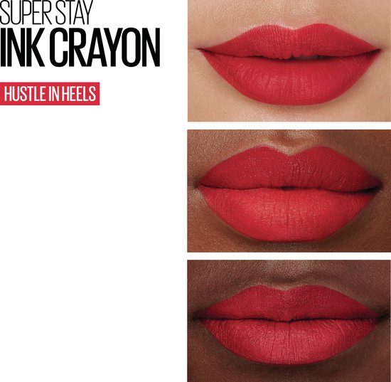 Drie close-ups van rode lippen, met de tekst "Super Stay Ink Crayon Hustle in Heels".