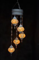 Hanglamp multicolour zilver  glas mozaïek 5 bollen Turkse Oosterse Crèmewit Marokkaanse kroonluchter