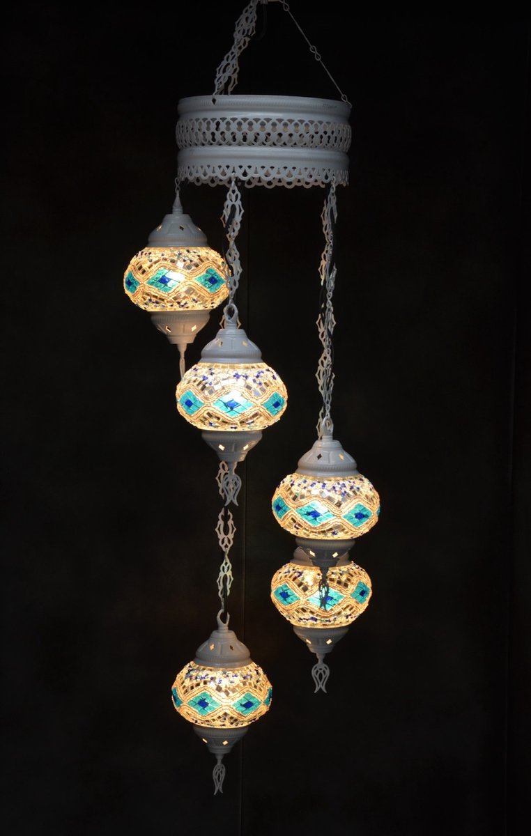 Hanglamp multicolour blauw zilver glas mozaïek 5 bollen Turkse Oosterse Crèmewit Marokkaanse kroonluchter