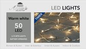 Kerstverlichting met timer 50 warm witte lampjes op batterijen - Lichtsnoer transparant met 50 leds