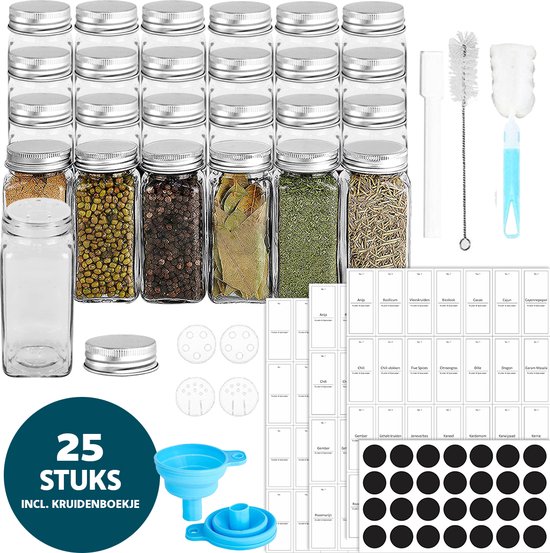 KitchenConvenience - 25 Glazen Kruidenpotjes met Strooideksel - Kruidenstrooier - Glazen potjes met deksel - Complete Set met Stickers en Trechter en Borsteltje - Vierkante glazen strooier - Inclusief GRATIS PDF boekje met kruiden