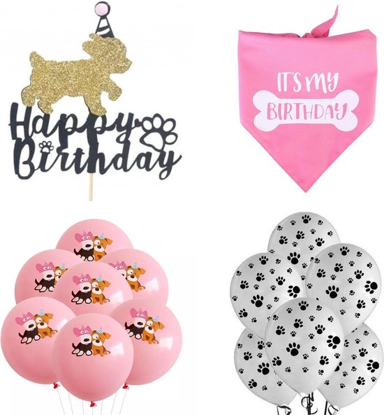 15-delige honden verjaardag set Happy Birthday roze met taarttopper, ballonnen en bandana - hond - huisdier - verjaardag - bandana - taarttopper