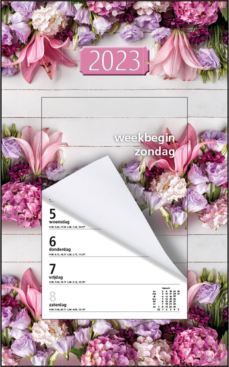 MGPcards - Week Scheurkalender 2023 - Week begint op Zondag - Bloemen - Roze