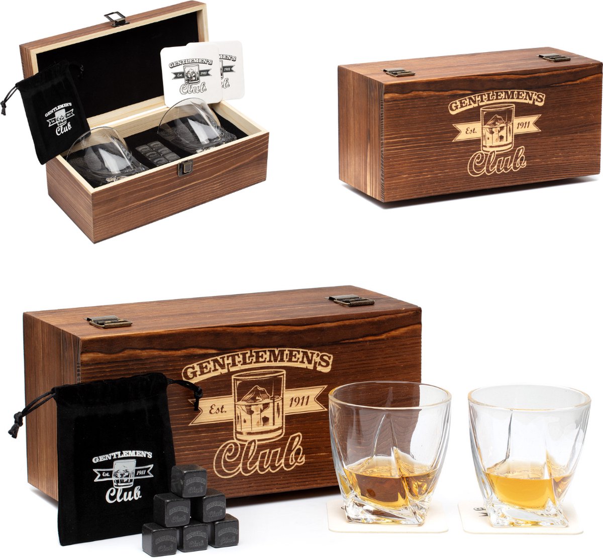 Whiskey Set - 2 Whiskey Glazen, 6 Whiskey Stones, 2 Onderzetters - Fluwelen Opbergzak - Whiskey Stenen Voor Glazen - Vaderdag - Cadeau - Giftset