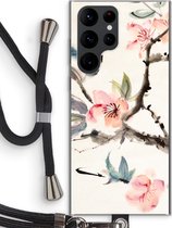 Case Company® - Hoesje met koord geschikt voor Samsung Galaxy S22 Ultra hoesje met Koord - Japanse bloemen - Telefoonhoesje met Zwart Koord - Bescherming aan alle Kanten en Over de Schermrand
