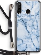 Case Company® - Hoesje met koord geschikt voor Huawei P30 Lite hoesje met Koord - Blauw marmer - Telefoonhoesje met Zwart Koord - Bescherming aan alle Kanten en Over de Schermrand