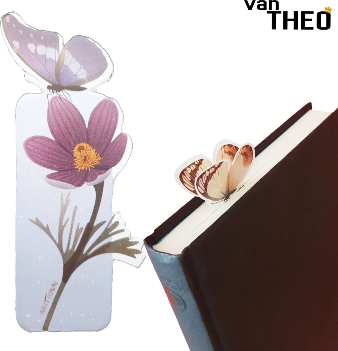 van Theo® Boekenlegger Vlinder & Bloem – Bladwijzer - Bookmark – Kaartje – Krokus - Kleine Cadeautjes