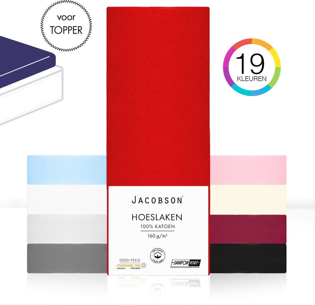 Jacobson - Hoeslaken Topper – 100% Jersey Katoen – 200x200 cm – Rood