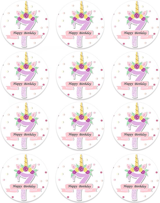 DW4Trading Sticker Happy Birthday Eenhoorn 7 Jaar - Ø 4,5 cm - 12 Stuks - Paars