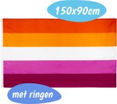 Lesbian Pride Flag - Lesbische Vlag - Lesbisch - Gay Pride - Gay Community - LGBT Biseksuele Regenboogvlag - Homo en Gender Acceptatie - LGBTQ+ Queer Decoratie - Regenboog Community - Stevig en Kleurrijk - Roze - Blauw - Paars - 150x90cm - Met Ringen