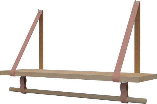 Plankje Roe 70cm - Handles and more® | ZACHTROZE (Complete set: leren plankdragers + plank eikenhout + roede)