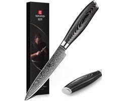 Damascus 5" Groentemes (67 lagen) | Xinzuo B20 | Luxe & Professioneel | Vlijmscherp Damascus staal | 24.5 cm Officemes met lemmet van 12.5 cm | met Pakka-houten handvat