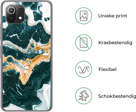 Telefoonhoesje Geschikt voor Xiaomi Mi 11 Lite hoesje - Marmer print - Aqua - Goud - Siliconen Telefoonhoesje