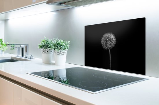 Foto: Spatscherm keuken kookplaat achterwand spatwand fornuis 70x50 cm paardenbloem zwart bloemen aluminium wanddecoratie muurbeschermer hittebestendig