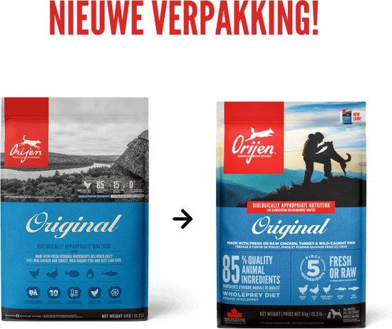 Vergelijking van oude en nieuwe Orijen Original hondenvoer verpakking, met berglandschap en hond.
