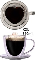 Feelino Dubbelwandige 1x 350 ml - glazen thermo - hartvormige mok met onderzetter, theekop/koffiemok met zweefeffect