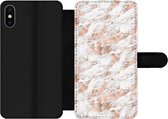 Bookcase Geschikt voor iPhone XS telefoonhoesje - Rose goud - Patroon - Marmer print - Luxe - Met vakjes - Wallet case met magneetsluiting