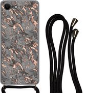 Hoesje met koord Geschikt voor iPhone SE 2020 - Marmer print - Rose - Grijs - Patronen - Siliconen - Crossbody - Backcover met Koord - Telefoonhoesje met koord - Hoesje met touw