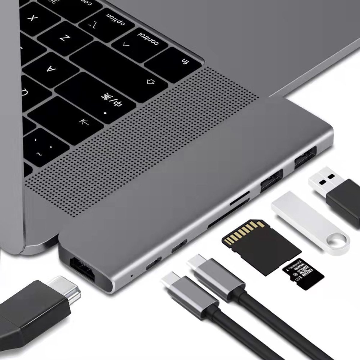 Tavaro 7 in 1 USB C HUB - USB-C Dock - HDMI - 2x USB-C - 2x USB 3.0 - Micro SD en SD Kaartlezer - Geschikt voor Apple Macbook Pro, Air, Lenovo, Samsung - Space Grijs