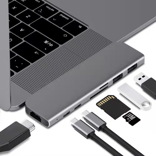 Tavaro HUB USB C 7 en 1 - Station d'accueil USB-C Dock - HDMI - 2x USB-C - 2x USB 3.0 - Lecteur de cartes Micro SD et SD - Convient pour Apple Macbook Pro, Air, Lenovo, Samsung - Grijs