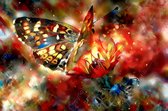 JJ-Art (Glas) | Vlinder op bloem – geschilderde olieverf look – abstract – felle kleuren – woonkamer – slaapkamer | Kunst, rood, geel, blauw, dier, modern | Foto-schilderij-glasschilderij-acrylglas-acrylaat-wanddecoratie | KIES JE MAAT